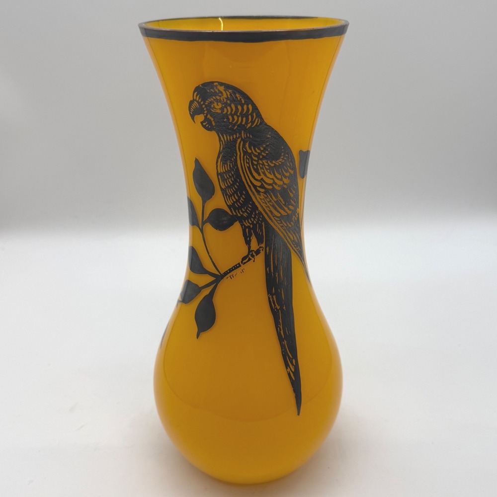Vintage Yellow Cased Glass Vase with Black Parrot Graphic Art Deco Style